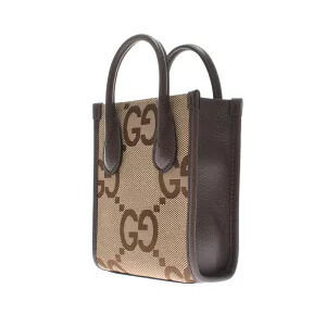 Gucci Bag Jumbo Tote Canvas Beige GG Leather Brown